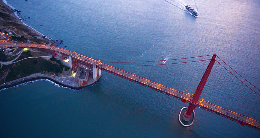 Aerial view of the Golden Gate Bridge and San Francisco Bay