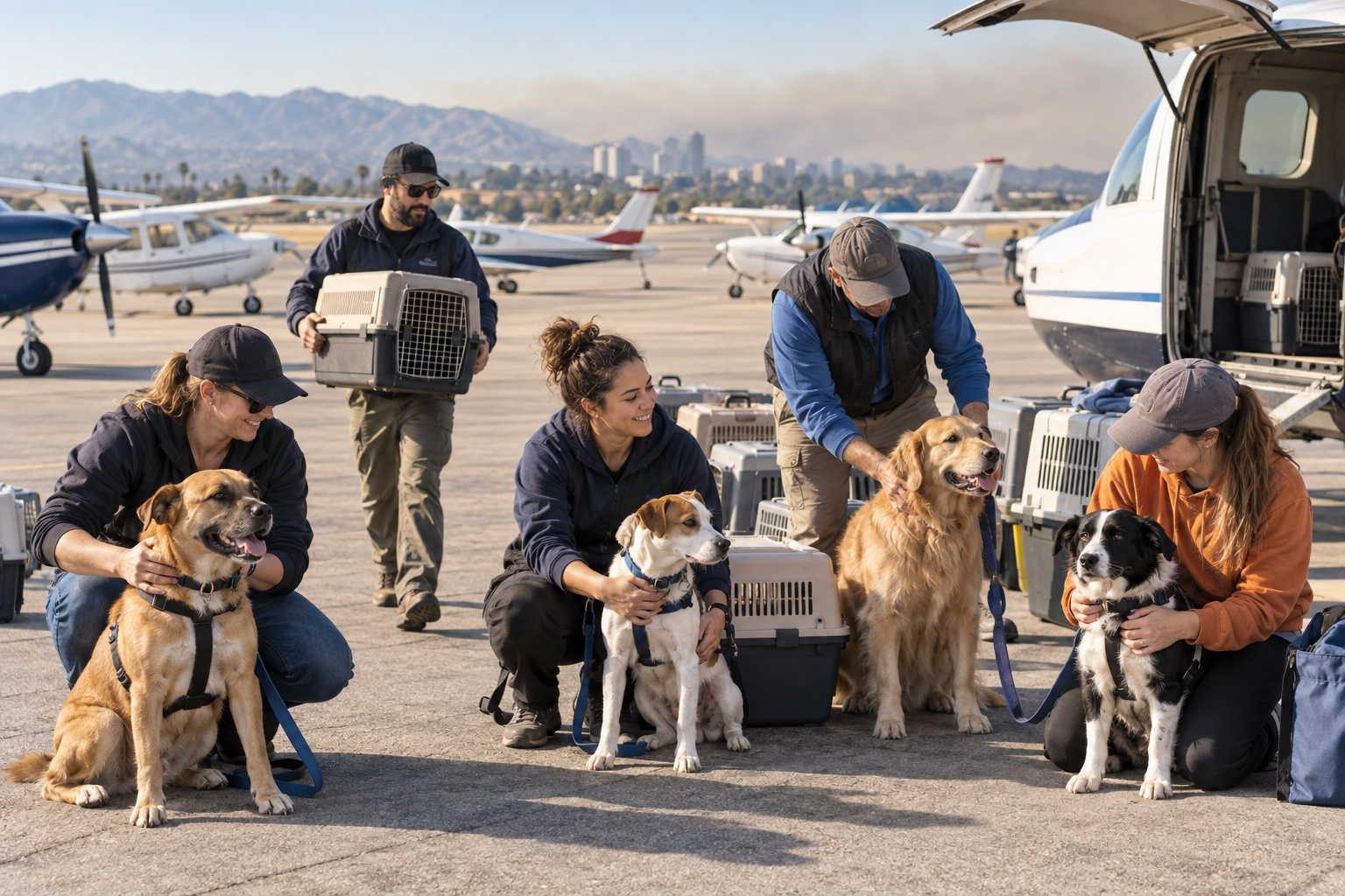 Illustration of volunteer pilots and shelter workers preparing rescue dogs for an airlift at a Southern California airport